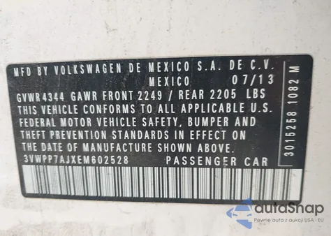 2014 Volkswagen Jetta Sportwagen 2.5L S z USA, uszkodzony, nr VIN 3VWPP7AJXEM602528